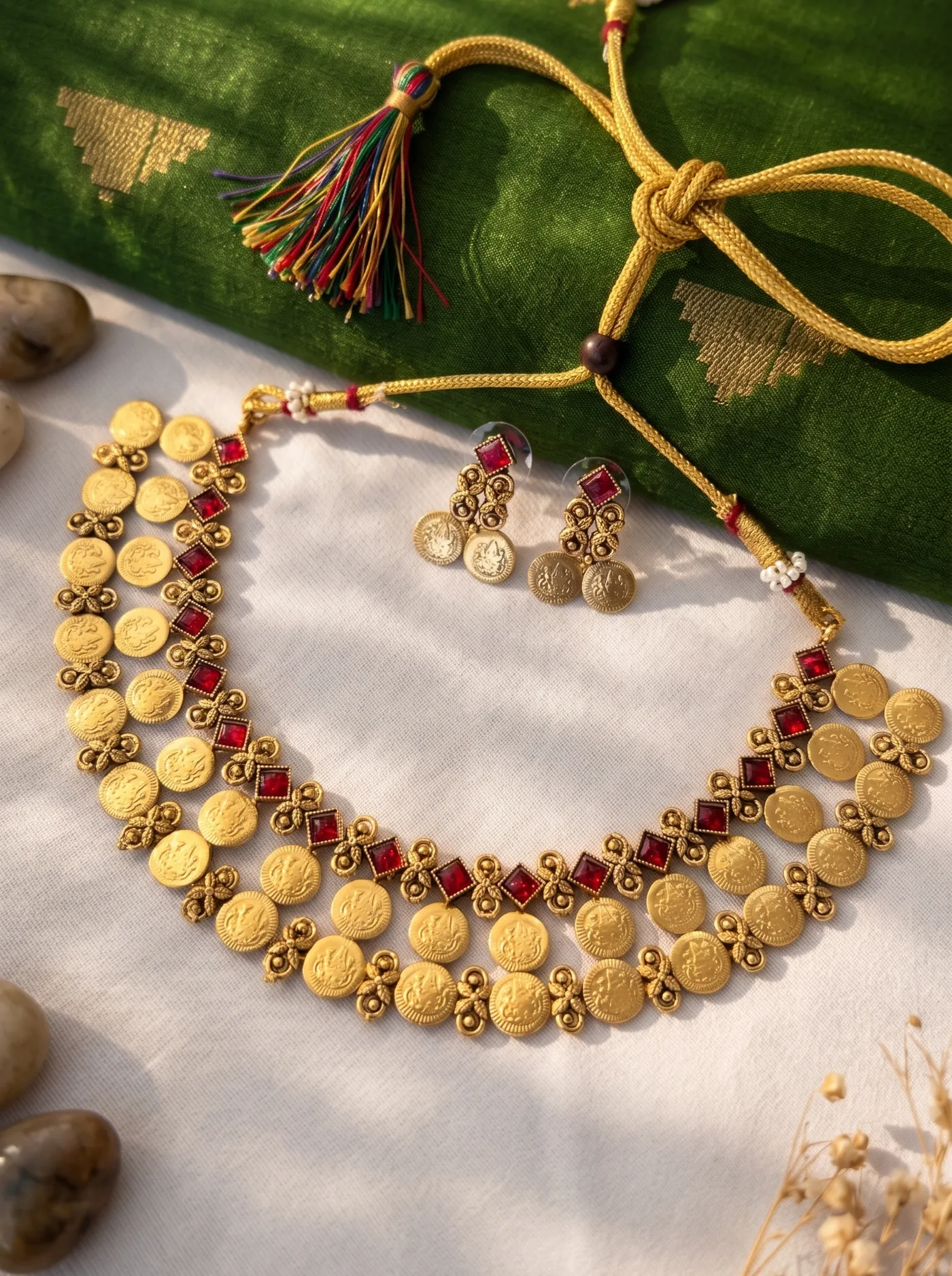 Dual-Layer Lakshmi Kasu Mala Necklace Set